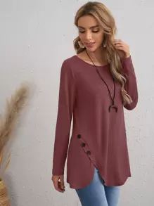 EMERY ROSE Camiseta con diseño de botón ribete en abanico - Granate - Ver 1