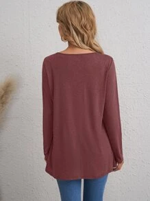 EMERY ROSE Camiseta con diseño de botón ribete en abanico - Granate - Ver 2