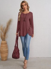 EMERY ROSE Camiseta con diseño de botón ribete en abanico - Granate - Ver 4