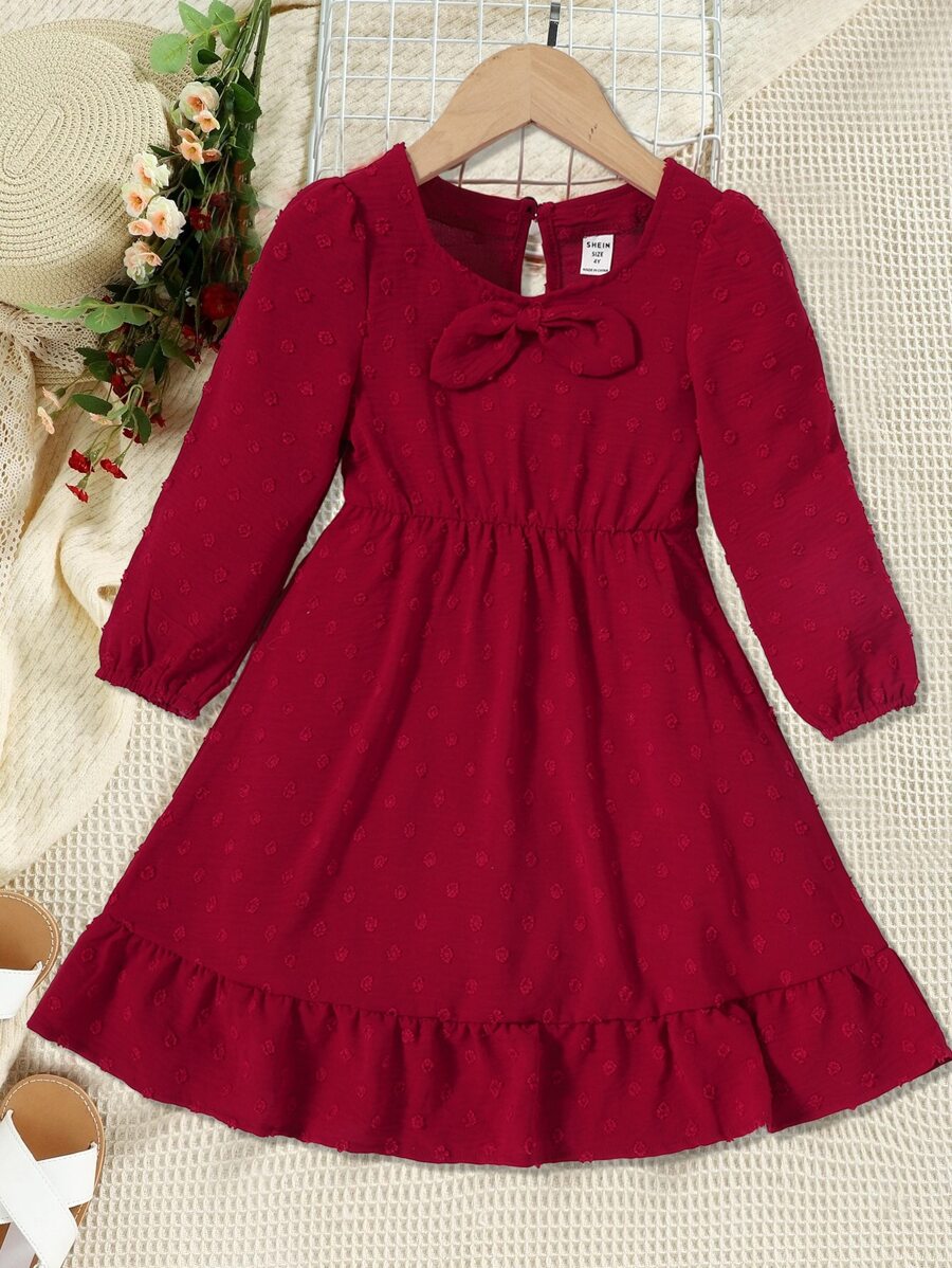 Toddler Girls 1pc Swiss Dot Bow Front Ruffle Hem Dress - Burgundy - View 1
