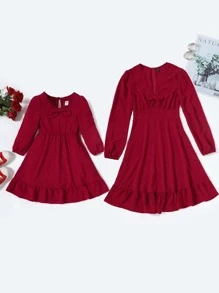 Toddler Girls 1pc Swiss Dot Bow Front Ruffle Hem Dress - Burgundy - View 7