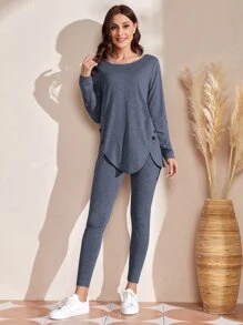 SHEIN LUNE 紐扣細節弧形下擺T恤和緊身褲 - 霧霾藍 - 查看 1