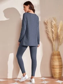 SHEIN LUNE 紐扣細節弧形下擺T恤和緊身褲 - 霧霾藍 - 查看 2