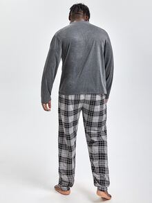 Extended Sizes Hombres Conjunto de pijama con estampado de cuadros - Gris - Ver 2