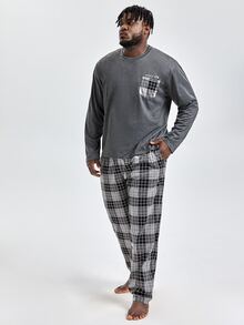 Extended Sizes Hombres Conjunto de pijama con estampado de cuadros - Gris - Ver 5