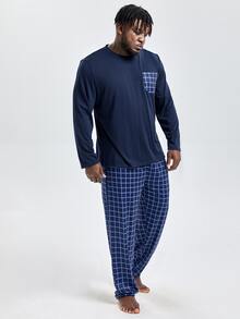Hombres Conjunto de pijama con estampado de cuadros - Azul Marino - Ver 3