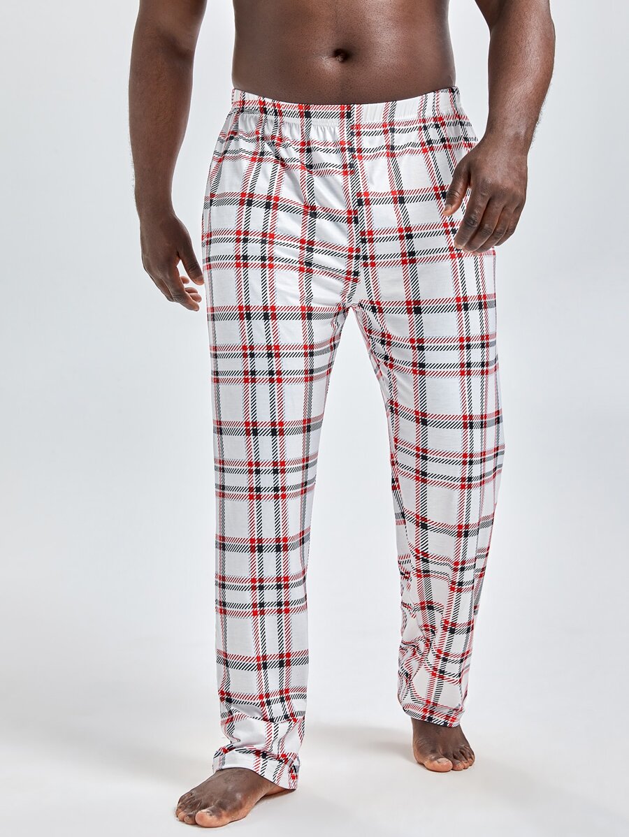 Extended Sizes Men Plaid Print Sleep Trousers - White - View 1