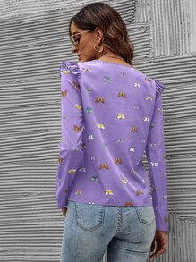 SHEIN Clasi Butterfly Print Ruffle Trim Blouse - Violet Purple - View 2