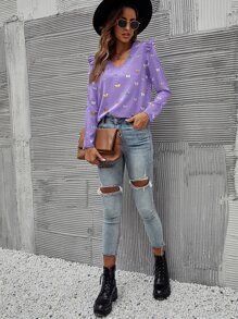 SHEIN Clasi Butterfly Print Ruffle Trim Blouse - Violet Purple - View 4