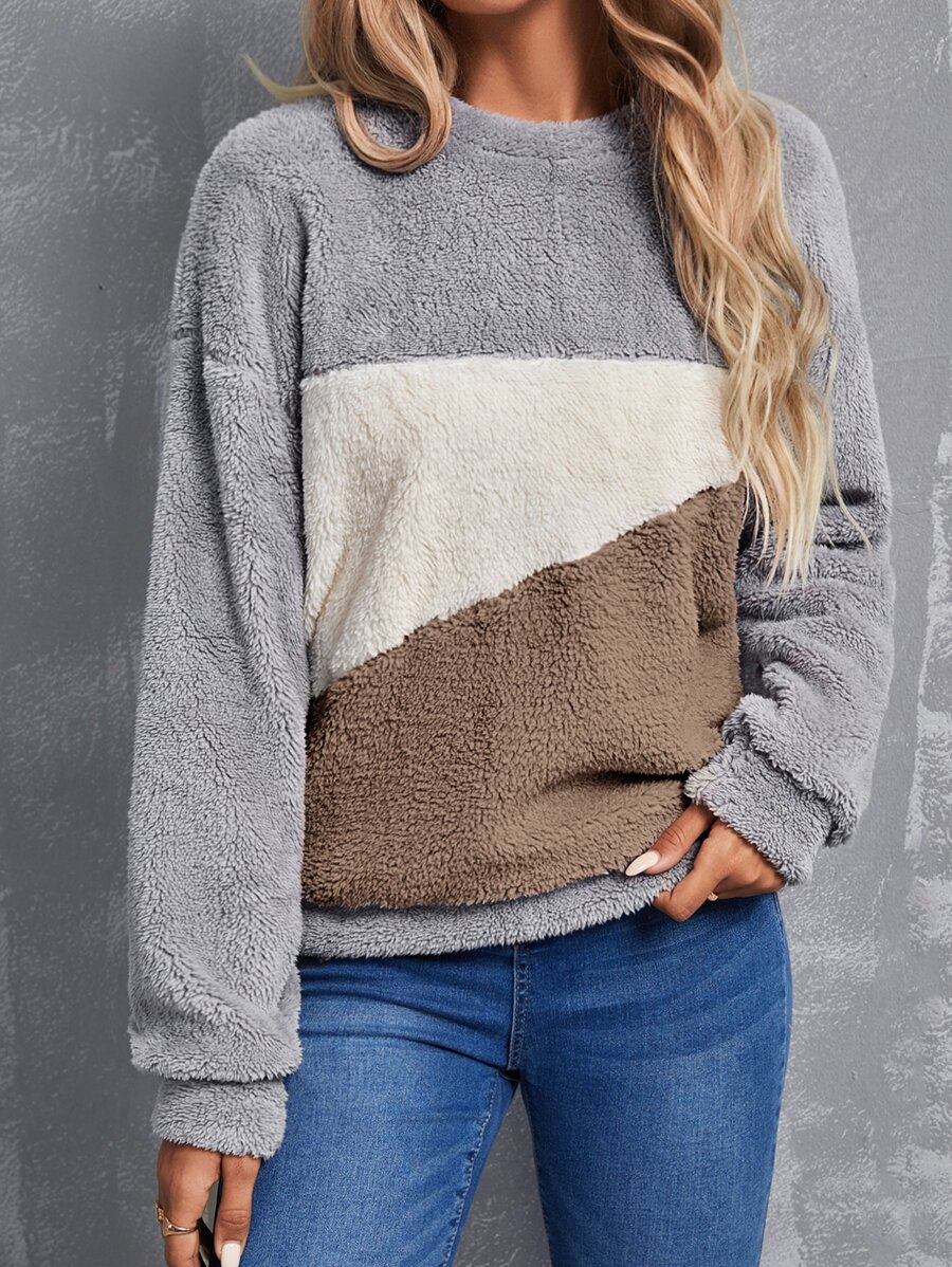 SHEIN LUNE Colour Block Drop Shoulder Teddy Pullover - Grey - View 1