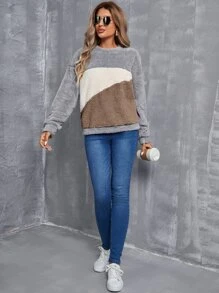 SHEIN LUNE Colour Block Drop Shoulder Teddy Pullover - Grey - View 3