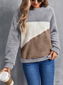 SHEIN LUNE Colour Block Drop Shoulder Teddy Pullover - Grey - View 5