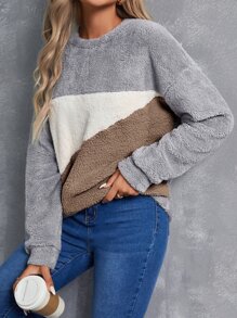 SHEIN LUNE Colour Block Drop Shoulder Teddy Pullover - Grey - View 6