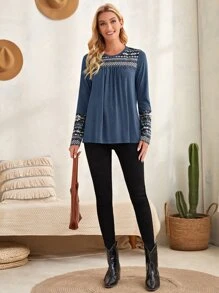EMERY ROSE Geo Print Round Neck T-Shirt - Dusty Blue - View 2