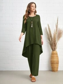 EMERY ROSE 素色高低下擺直筒襯衫和褲子 - 軍綠色 - 查看 5