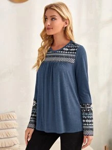 EMERY ROSE Geo Print Round Neck T-Shirt - Dusty Blue - View 4