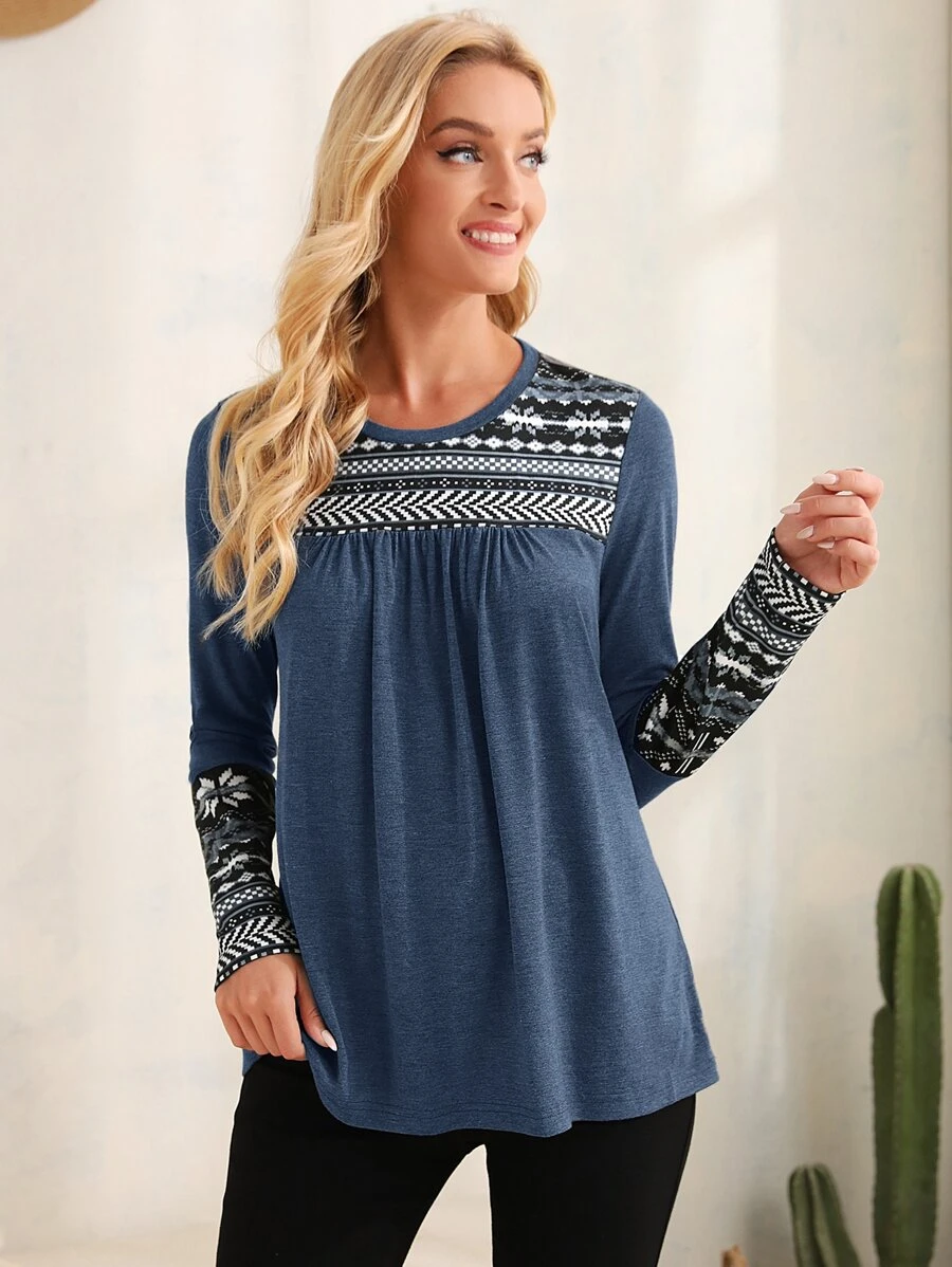 EMERY ROSE Geo Print Round Neck T-Shirt - Dusty Blue - View 1