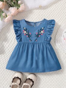 SHEIN Young Girl Blue Flower Pattern Print Vacation Shirt, Round Neckline With Ruffled Sleeves, Summer - Blue - View 1