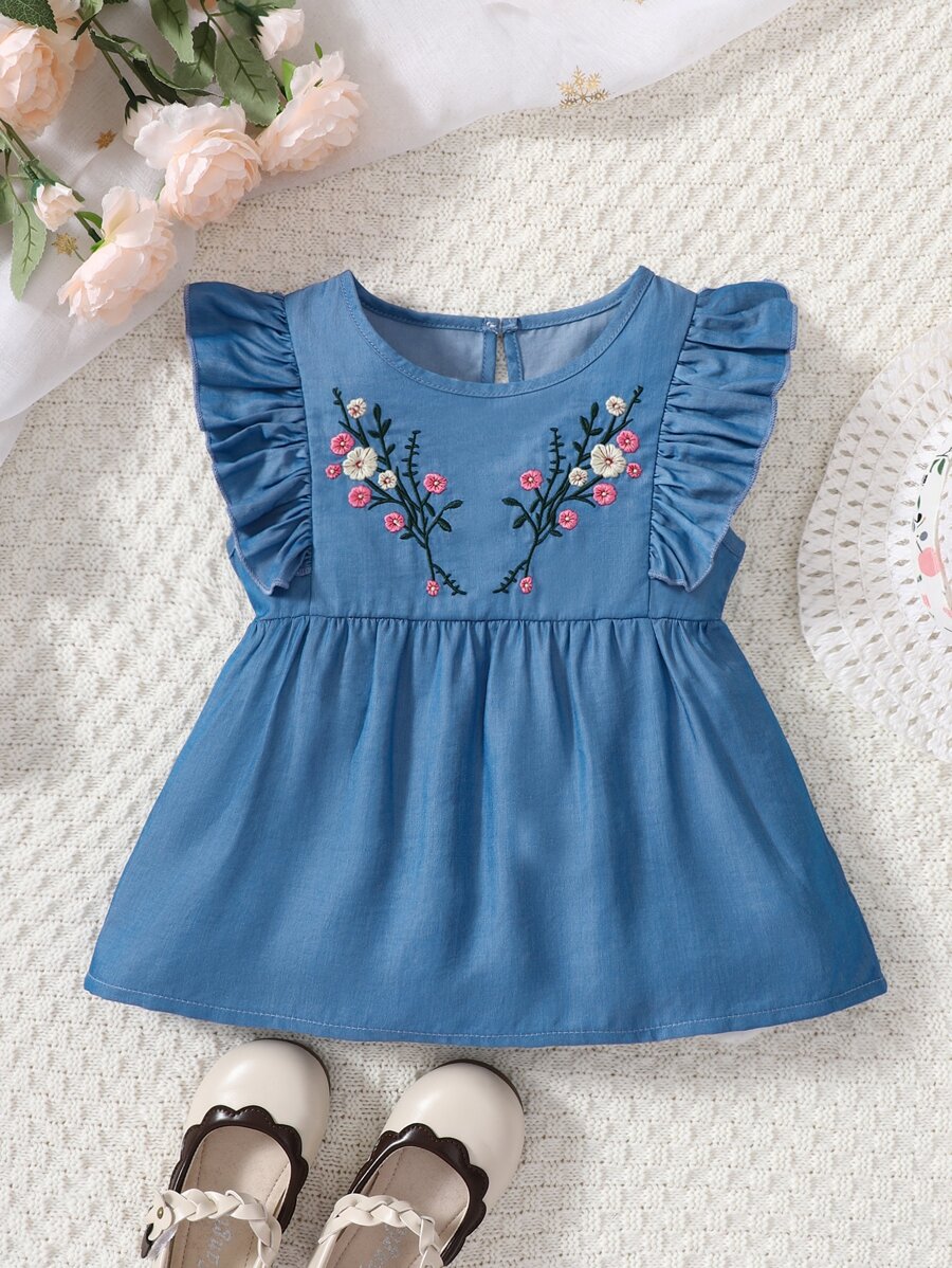 SHEIN Young Girl Blue Flower Pattern Print Vacation Shirt, Round Neckline With Ruffled Sleeves, Summer - Blue - View 1