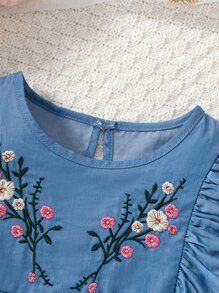 SHEIN Young Girl Blue Flower Pattern Print Vacation Shirt, Round Neckline With Ruffled Sleeves, Summer - Blue - View 4