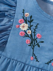 SHEIN Young Girl Blue Flower Pattern Print Vacation Shirt, Round Neckline With Ruffled Sleeves, Summer - Blue - View 5