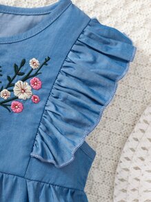 SHEIN Young Girl Blue Flower Pattern Print Vacation Shirt, Round Neckline With Ruffled Sleeves, Summer - Blue - View 7