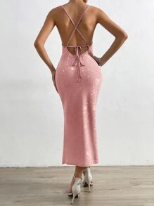 SHEIN Privé 高衩後背繫帶吊帶洋裝 - 淺粉色 - 查看 2