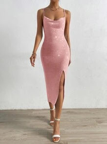 SHEIN Privé 高衩後背繫帶吊帶洋裝 - 淺粉色 - 查看 3