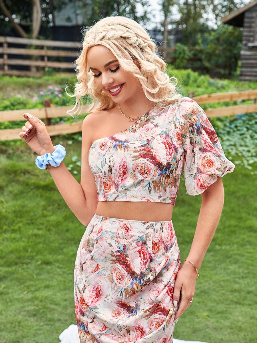 SHEIN VCAY Floral Print One Shoulder Lantern Sleeve Crop Top - Multicolor - View 1