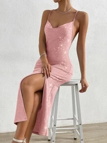 SHEIN Privé 高衩後背繫帶吊帶洋裝 - 淺粉色 - 查看 5