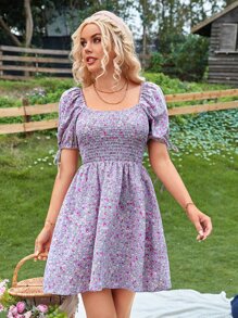 SHEIN VCAY Đầm Thắt nút Dải chun Họa tiết hoa Boho - Màu Lilac Tím - Xem 3
