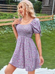 SHEIN VCAY Đầm Thắt nút Dải chun Họa tiết hoa Boho - Màu Lilac Tím - Xem 5