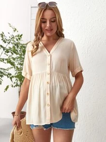 SHEIN 孕婦前紐扣荷葉邊襯衫 - 杏色 - 查看 4