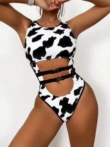 SHEIN Cow Print Cut-out One Piece Swimsuit With Belt - Black and White - View 1