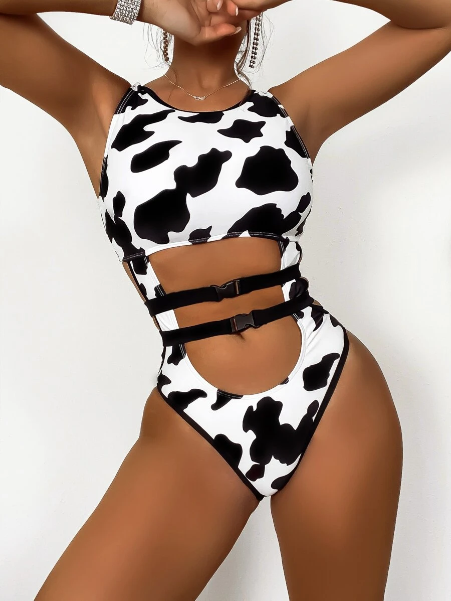 SHEIN Cow Print Cut-out One Piece Swimsuit With Belt - Black and White - View 1