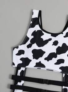 SHEIN Cow Print Cut-out One Piece Swimsuit With Belt - Black and White - View 3