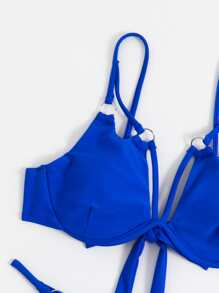 環型鋼圈連接平口泳衣套裝，適用於夏季海灘 - 寶藍色 - 查看 3