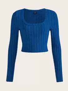 SHEIN EZwear Solid Scoop Neck Crop Tee - Royal Blue - View 1