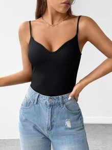 Muchica Áo hai dây Gân đan màu trơn Giải trí - màu đen - Xem 3