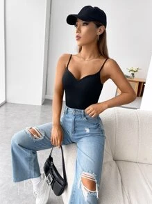 Muchica Áo hai dây Gân đan màu trơn Giải trí - màu đen - Xem 4