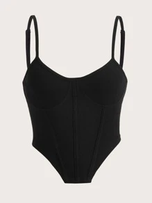SHEIN EZwear Áo hai dây Bất đối xứng Gân đan màu trơn - màu đen - Xem 1