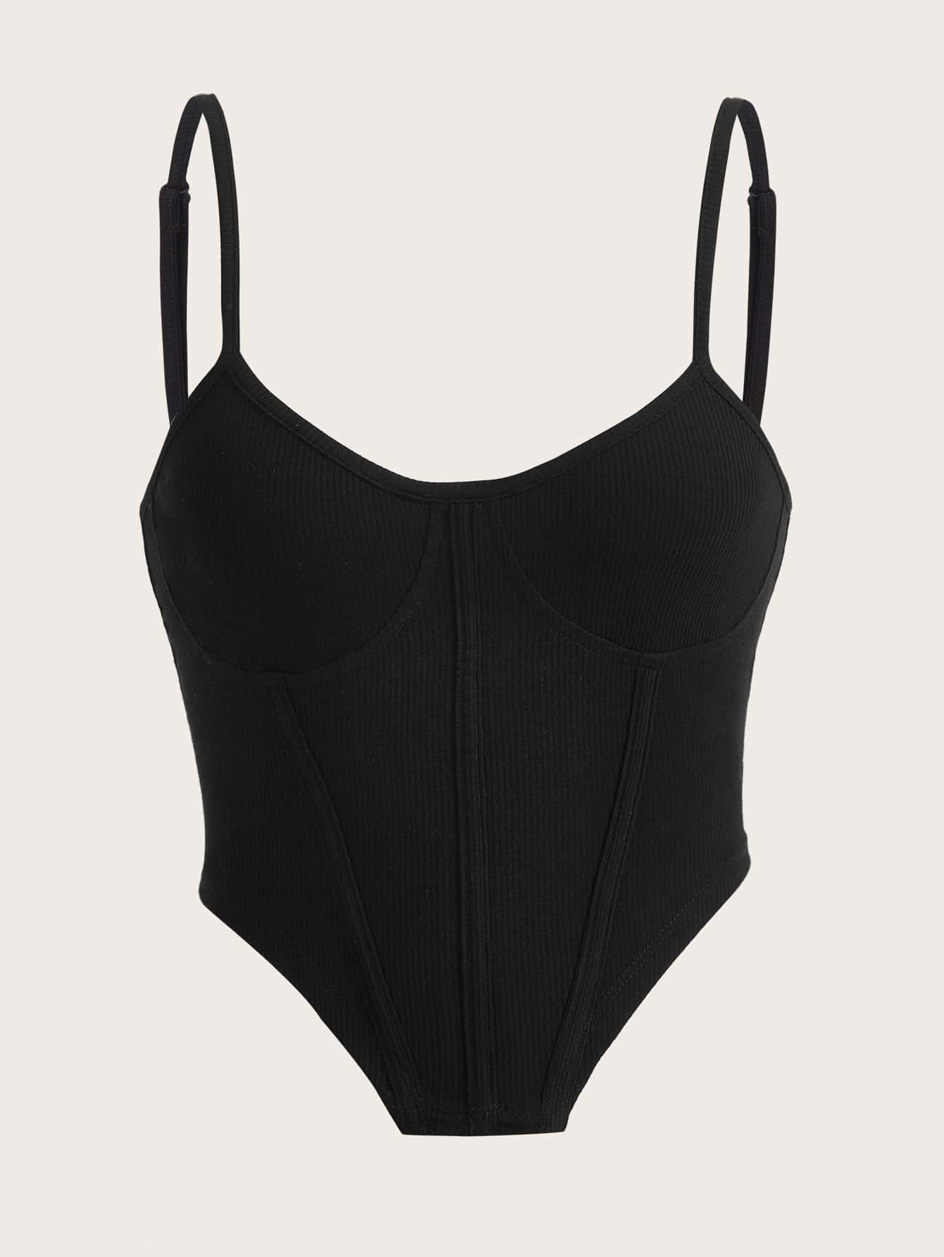 SHEIN EZwear Áo hai dây Bất đối xứng Gân đan màu trơn - màu đen - Xem 1