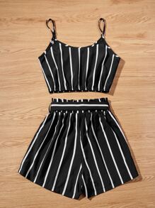Chiquease Striped Cropped Cami Top & Belted Paperbag Shorts Set - Black - View 2