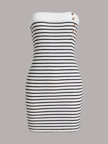 SHEIN Privé Button Front Striped Tube Dress - Black and White - View 1