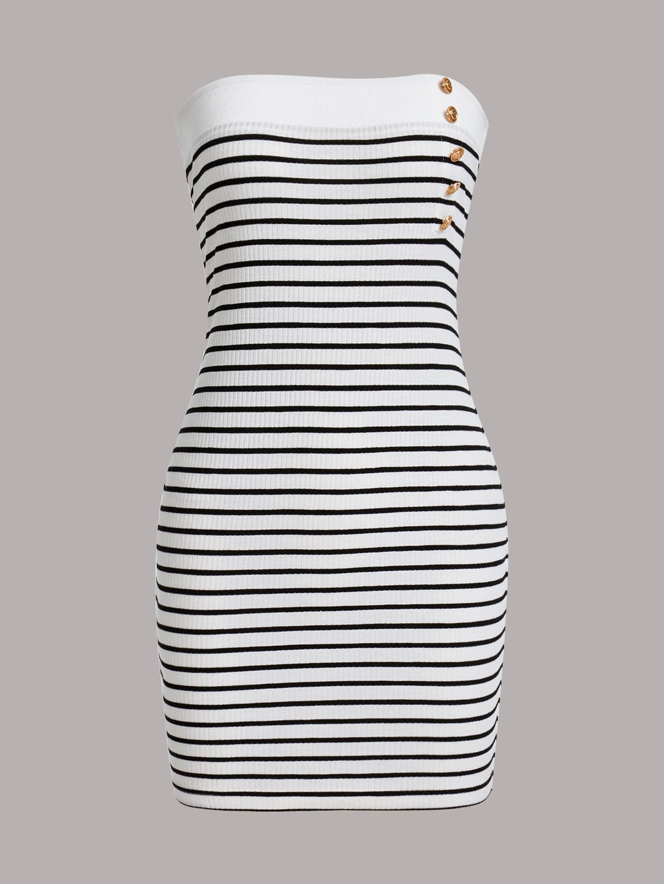 SHEIN Privé כפתור כפתורים קדמיים פסים סקסי שמלה - שחור ולבן - ראה 1