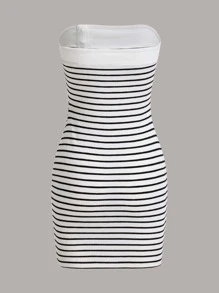 SHEIN Privé Button Front Striped Tube Dress - Black and White - View 2