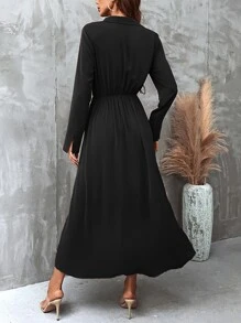 SHEIN Clasi Solid Ruched Detail Fake Button Split Thigh Dress - Black - View 2