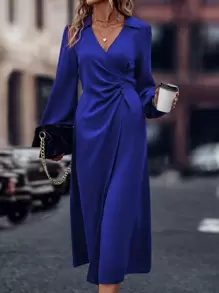 EMERY ROSE Vestido unicolor fruncido de manga obispo - azul real - Ver 1