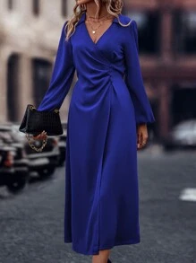 EMERY ROSE Vestido unicolor fruncido de manga obispo - azul real - Ver 5