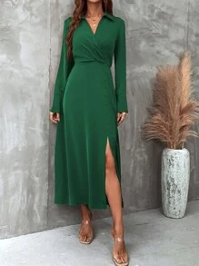 SHEIN Clasi Solid Ruched Detail Fake Button Split Thigh Dress